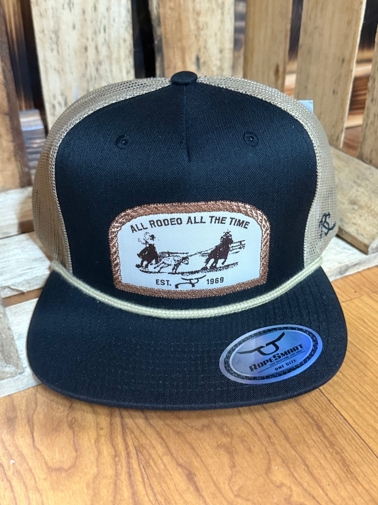 ROPESMART TAN ALL RODEO ALL THE TIME PATCH BLACK TRUCKER CAP